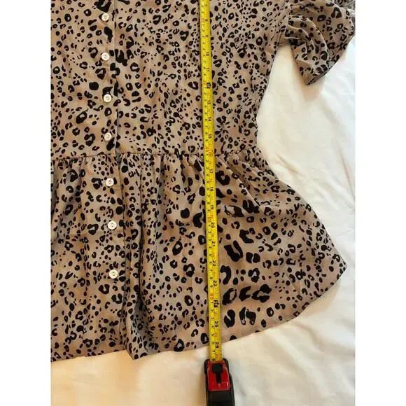 SHEIN Leopard Cheetah Print Brown Black Short Sleeve Top Button-Up Peplum Mediun - Picture 6 of 8